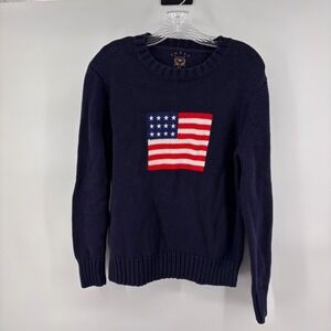 Thre3‎ American Flag Knit Sweater Navy Blue Crewneck Pullover Patriotic XL